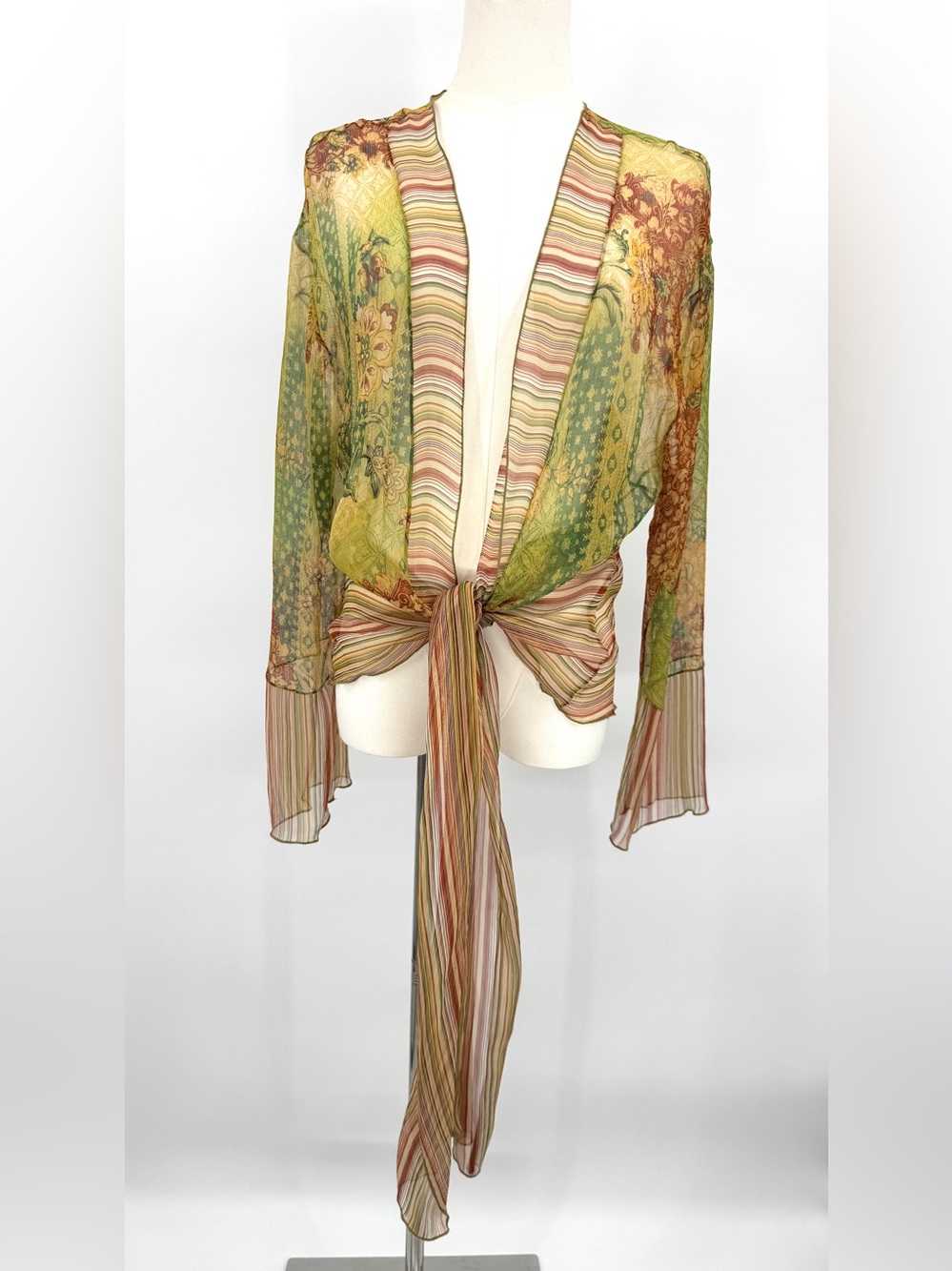 Vintage Sheer Multi-Color Floral & Stripe Tie-Front silk jacket